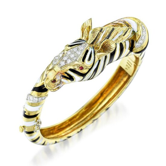 Diamond and Enamel Zebra Hinged Bangle Bracelet