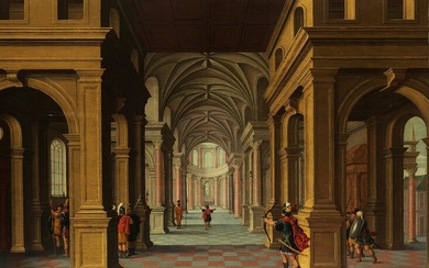 Dirck van Delen, 1605 Heusden – 1671 Arnemuiden, zug., INNENANSICHT EINER KIRCHE MIT BEWAFFNETEN MÄNNERN UND einem BOGENSCHÜTZEn