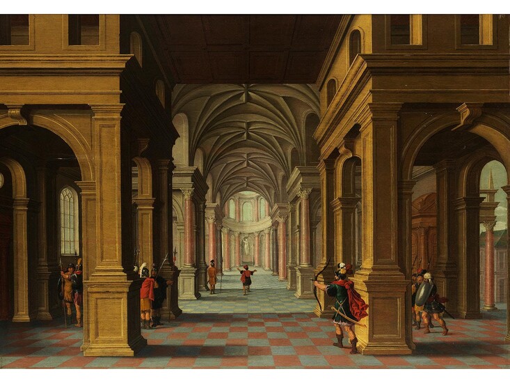 Dirck van Delen, 1605 Heusden – 1671 Arnemuiden, zug., INNENANSICHT EINER KIRCHE MIT BEWAFFNETEN MÄNNERN UND einem BOGENSCHÜTZEn