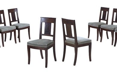 EIGHT FRENCH RESTORATION STYLE MAHOGANY DINING CHAIRS WITH CARVED BACK...