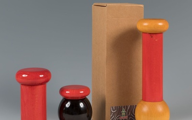 ETTORE SOTTSASS (Austria, 1917 - Italy, 2007). Two pepper shakers and a salt shaker "Twergi",...