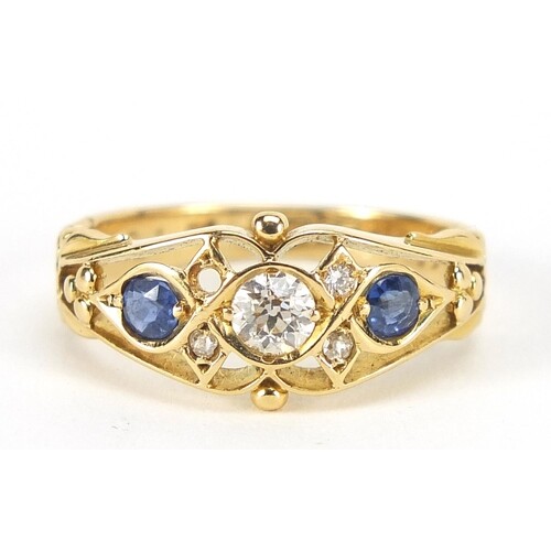 Edwardian 18ct gold diamond and sapphire ring with pierced o...