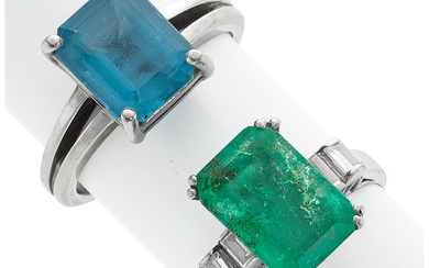 Emerald, Blue Topaz, Diamond, White Gold Rings Stones: Rectangular-shaped...