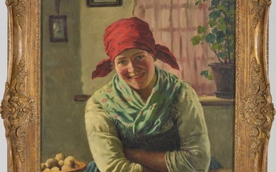Emil Rau. Germany. Interior genre scene with a pretty young woman wearing a red bonnet leaning on a