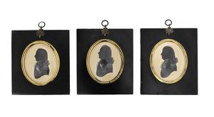 English school, late 18th century, three bust profile military oval silhouette portraits relating to the MacDonald family