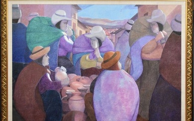 Ernesto Gutierrez (PERUVIAN, 1939) oil on canvas, "Going to Market", signed lower left, '83, 46" x