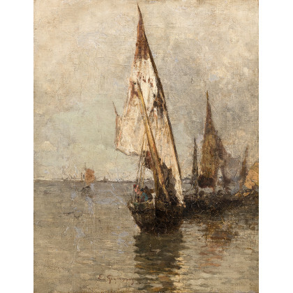 Eugenio Gignous ( Milano 1850 - Stresa 1906 ) , "Barche in laguna" olio su tela (cm 34,5x27) Firmato in basso al centro In cornice (difetti)