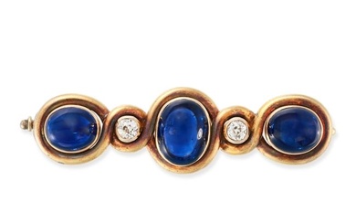 FABERGE, AN ANTIQUE SAPPHIRE AND DIAMOND BAR BROOCH in 56 zolotnik gold, the scrolling brooch set
