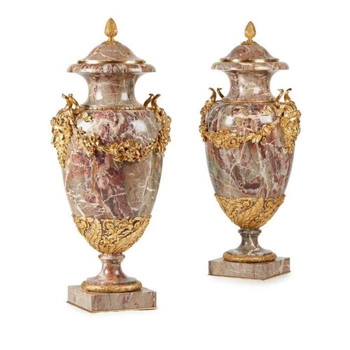 FINE PAIR OF LARGE RUSSIAN GILT BRONZE MOUNTED VEINED MARBLE...