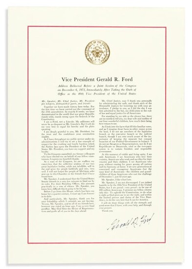 FORD, GERALD R. Printed address to Congress Signed, at
