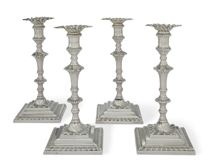 FOUR GEORGE III SILVER CANDLESTICKS POSSIBLY MARK OF RICHARD HUSSEY, LONDON, 1764