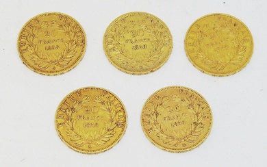 FRANCE Réunion de 5 monnaies de 20 Francs or Napoléon III tête non laurée :...