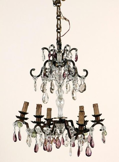 FRENCH BRONZE & CRYSTAL CHANDELIER C. 1920