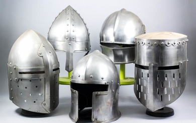 Five Reproduction Medieval Steel Helmets, full size, including -...