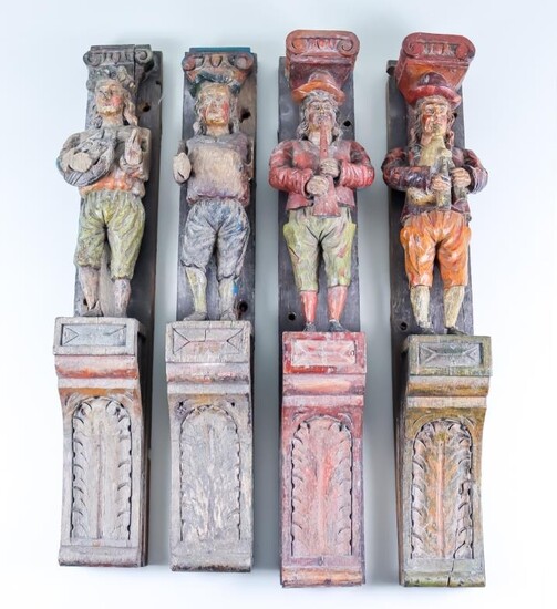 Four Continental Carved and Painted Oak Pilasters of Musicians,...