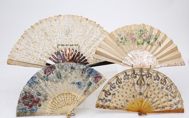 Four fans with sticks in bone, mother of pearl, tortoiseshell simile and horn simile, late 19th - early decades 20th Century.