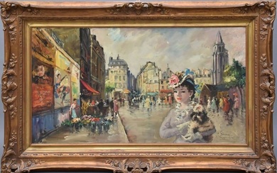 François Gerome (FRENCH, 1895) oil on board, busy Paris street scene, lady with dog in foreground