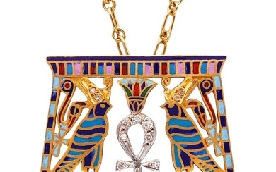 French 1930 Art Deco Egyptian Revival Necklace 18Kt Gold with Cloisonne Diamond