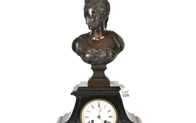 French C. Detouche Figural Bronze & Slate Mantel Clock, C. 19th Century - A Napoleon III French