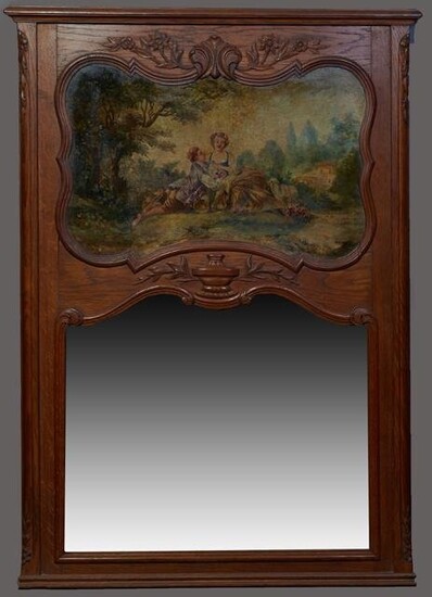 French Carved Oak Trumeau Mirror, 19th c., the stepped