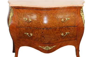 French Louis XV style bombe 2 drawer marquetry commode with...