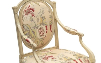 French Louis XVI Period Carved And Painted Fauteuil Ca. 1770-1790, H 37" W 22" Depth 20"