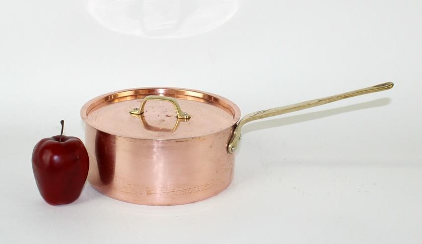 French copper lidded pot with brass handle