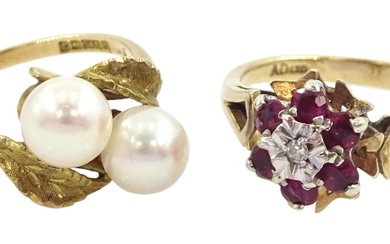 Gold ruby and diamond cluster ring and a gold two stone cultured pearl crossover ring with leaf shou