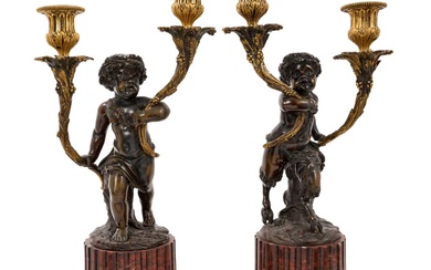 Good pair of 19th century bronze and ormolu cherub and fawn candelabra after Clodion