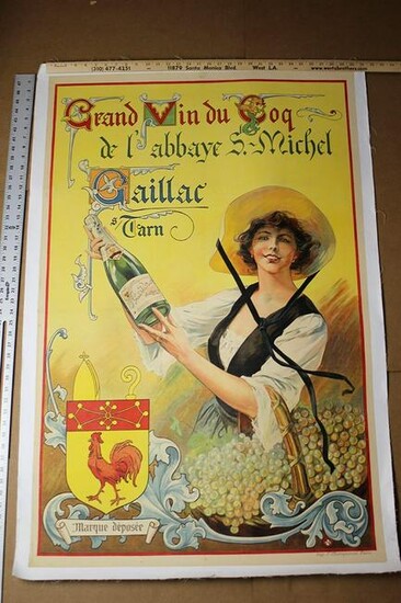 Grand Vin Du Coq (1910) 46" X 30" French Advertising