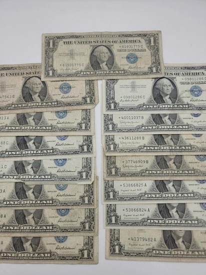 (Group of 15) Fr. 1619-1621 $1 1957-A-B Silver Certificate Star Notes