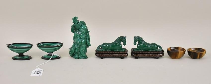 Grouping of Malachite & Tigers eye Articles - Grouping includes: A) Chinese malachite carving of the