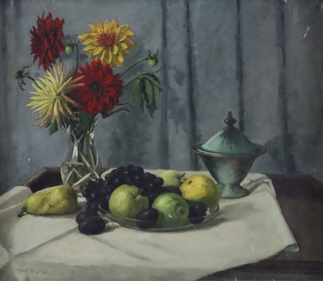 HILGERS, ADOLF. - Still life with fruit and a vase of flowers, oil on canvas.