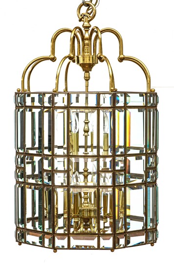 HOLLYWOOD REGENCY STYLE BRASS AND BEVELED GLASS PANEL CHANDELIER H 32" DIA 18.5"