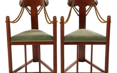 Hendrik Petrus Berlage (1856-1934), 2 armchairs, oak frame, rope armrests and...
