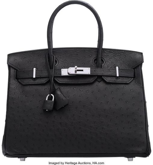 Hermès 30cm Black Ostrich Birkin Bag with Palladium Hardware...