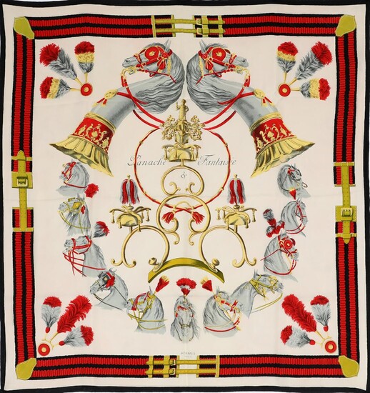 NOT SOLD. Hermès: A silk scarf with motive "Panache & Fantaisie" by Hugo Grygkar with motive in the shape of horses. – Bruun Rasmussen Auctioneers of Fine Art