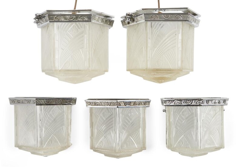 Hettier and Vincent, Suite of Art Deco light fittings, circa 1930, Frosted glass, chromium mounts, Ceiling lights moulded mark 'HETTIER & VINCENT FRANCE', Two hexagonal ceiling lights: 18cm diameter, 17.5cm high. Three wall lights: 18.5cm wide...