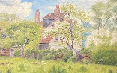 Impressionist Antique Painting - Grand British House Through The Trees
