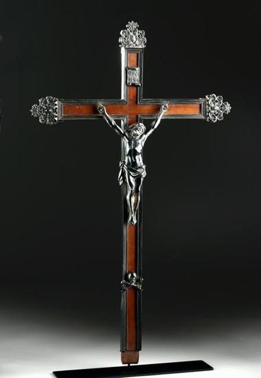 Impressive 19th C. European Wood / Silver Crucifix