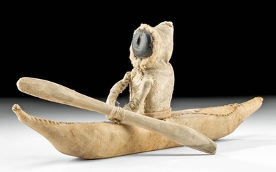 Inuit Stone & Hide Kayaker Sculputure w/ Bone Paddle