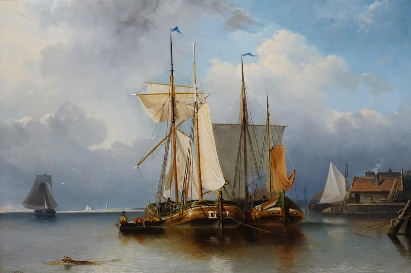 Jacob Hendrik van Duinen (1840-1885), Zeegezicht met schepen voor de kade, gemonogrammeerd...