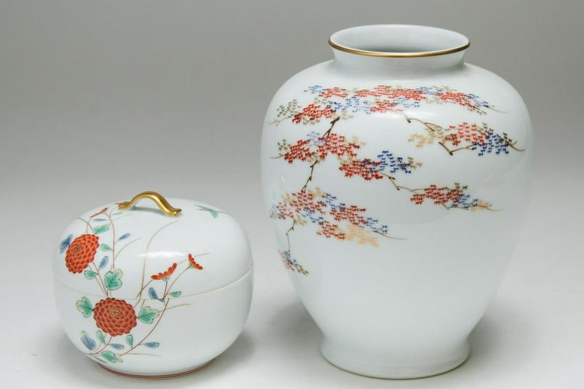 Japanese Fukagawa Seiji Porcelain Vase & Box