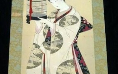 Japanese Taisho Showa Bijin Painting Woman w. Bird
