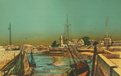 Jean CARZOU (1907-2000). Marée basse à Honfleur. Lithographie en couleurs, signée en bas à droite...