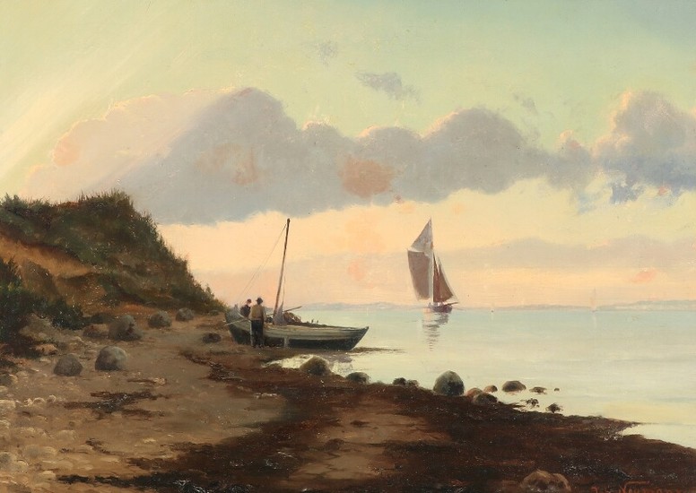 Johan Neumann: Coastal sccenery with fishermen. Signed Joh. Neumann. Oil on canvas. 46×64 cm.