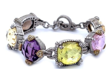 Judith Ripka Diamond Multicolor Crystal Sterling Silver 18k Gold Bracelet