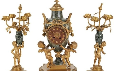 LOUIS XVI STYLE GREEN MARBLE AND GILT METAL CLOCK