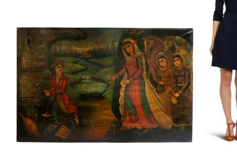 Large 19th C. Qajar Painting "Shirin & Farhad". Signed