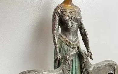 Large Bronze Sculpture of Deco Woman with Dogs After Chiparus